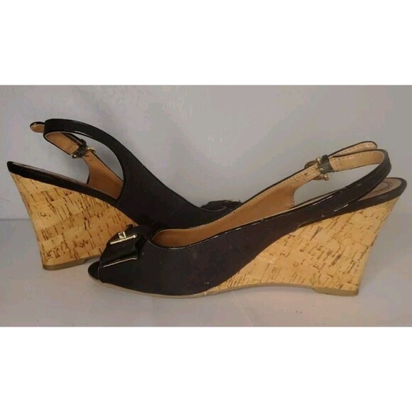 Tommy Hilfiger Black Canvas Cork Wedge Peeptoe Sandals Size 7.5 - Picture 4 of 7